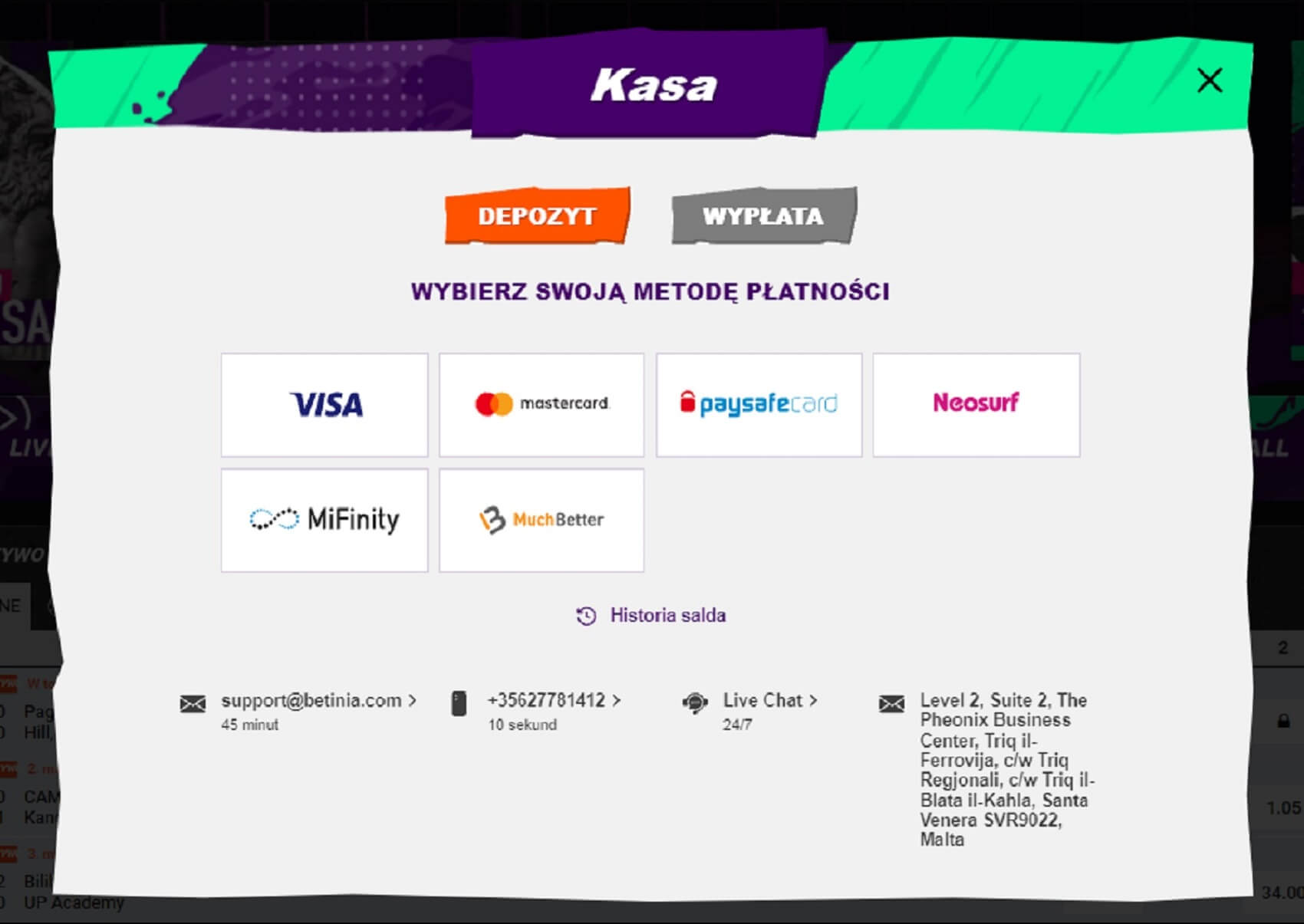 betinia casino metody platnosci