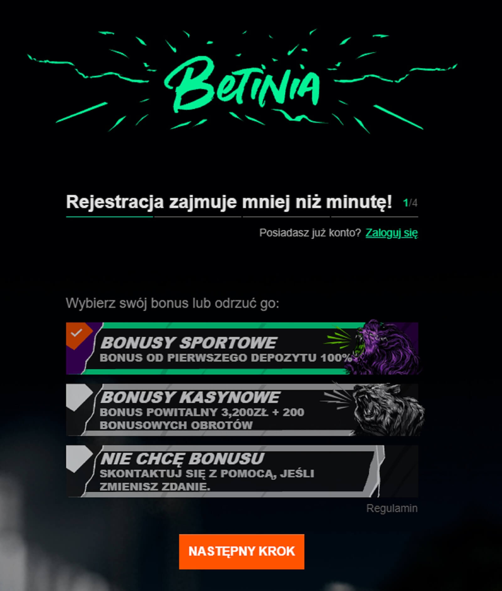 betinia casino rejestracja krok