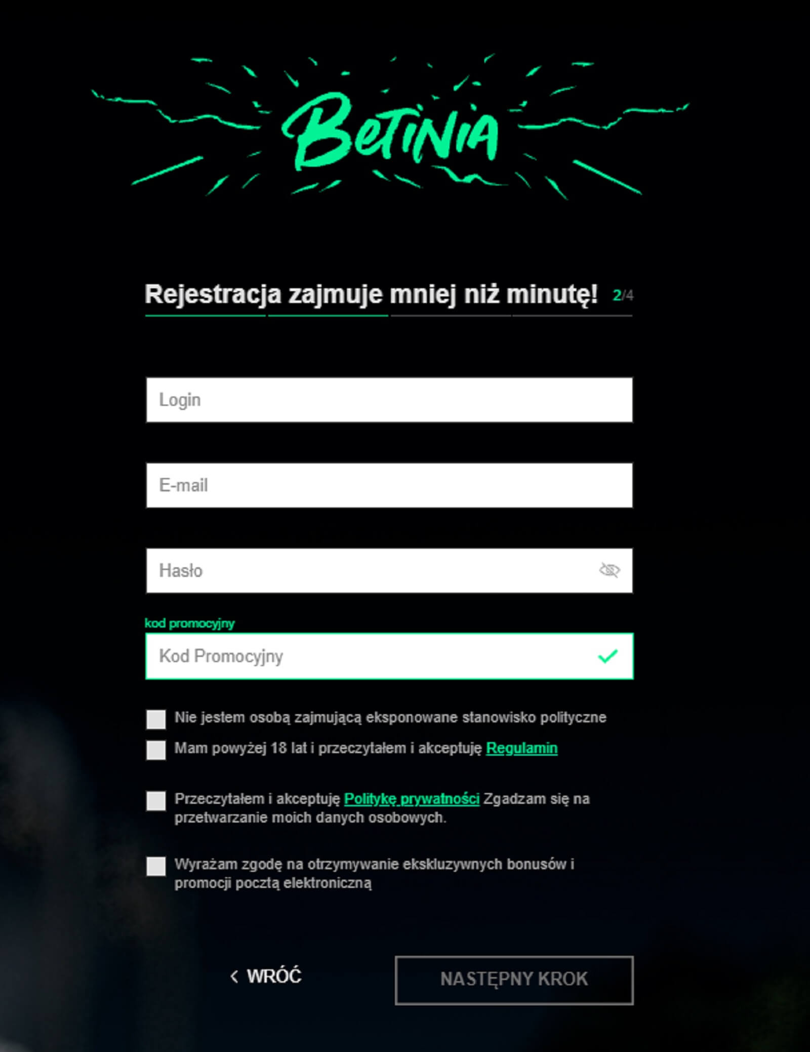 betinia casino rejestracja krok