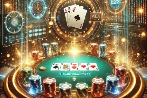 DALL·E    .. A dynamic and luurious illustration for an online casino article about playing  Card Draw Poker. The scene shows a virtual poker table with high qua