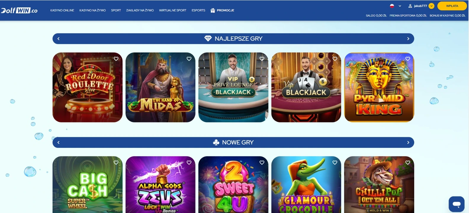Wygląd witryny internetowej Dolfwin casino