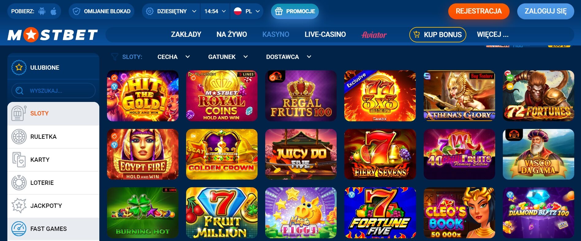 Mostbet casino slots screenshot