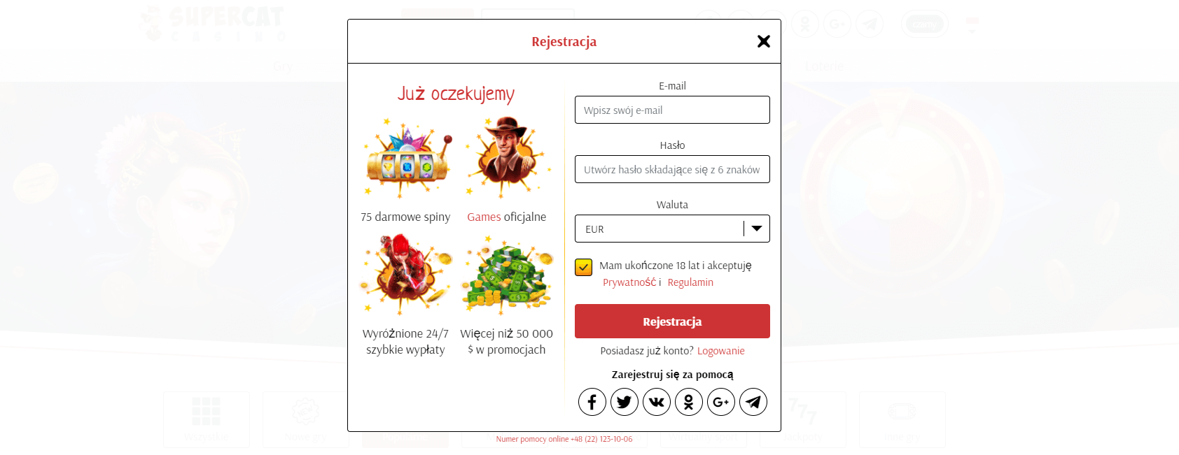 supercat casino rejestracja i logowanie screenshot